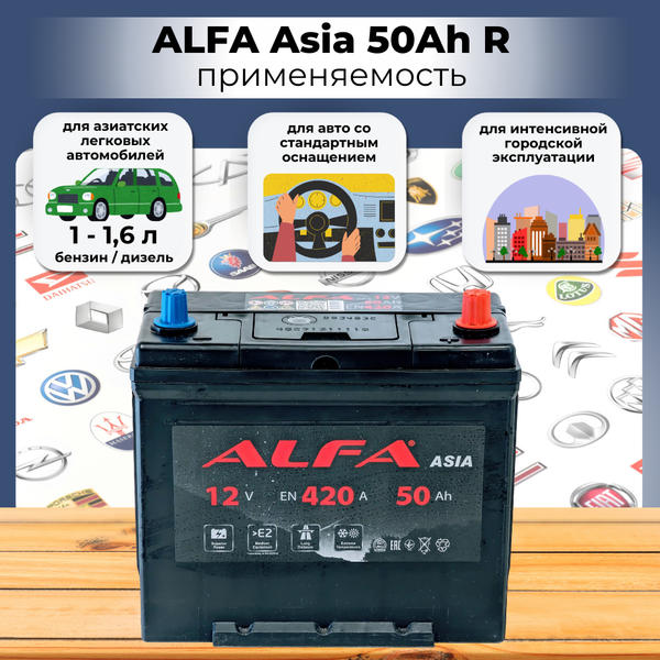 Изображение товара Автомобильный аккумулятор ALFA battery Asia JR 420A (50 А/ч)