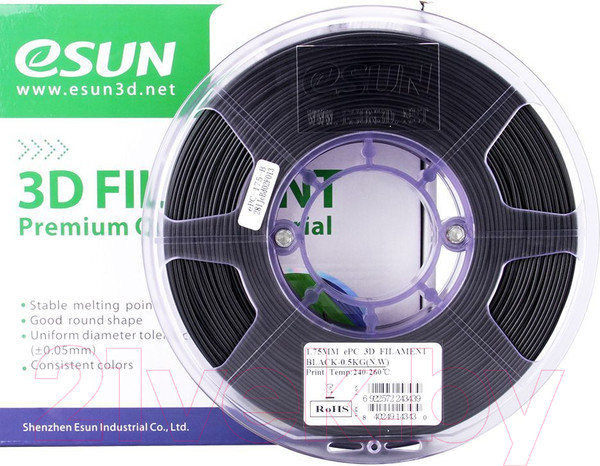 Изображение товара Пластик для 3D-печати eSUN ePC / т0030730 (1.75мм, 500г, черный)
