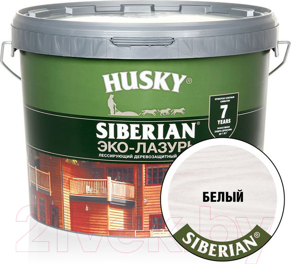 Изображение товара Лазурь для древесины Husky Siberian Эко-Лазурь Полуматовая (9л, белый)