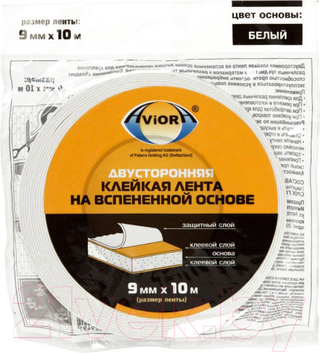Изображение товара Скотч двухсторонний Aviora На вспененной основе 9ммx10м / 302-013 (белый)