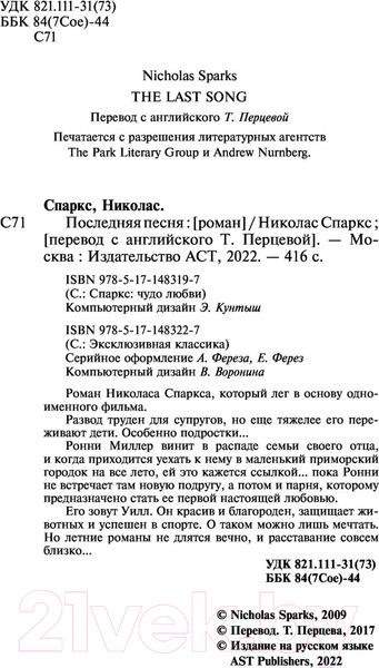Изображение товара Книга АСТ Последняя песня (Спаркс Н.)