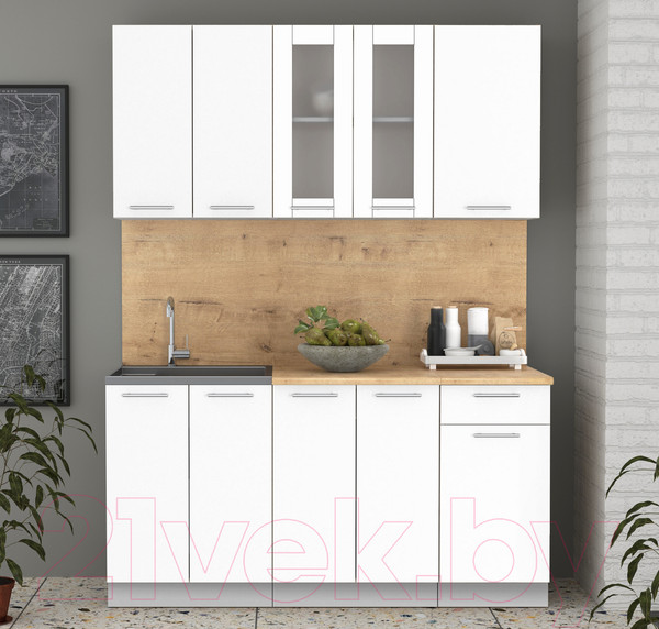 Изображение товара Кухонный гарнитур Интерлиния Мила 16-60 (белый платинум/белый платинум глянец/дуб бунратти)