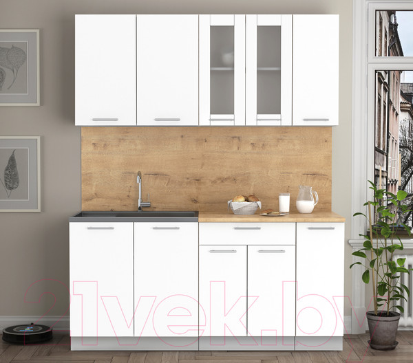 Изображение товара Кухонный гарнитур Интерлиния Мила 17 (белый платинум/белый платинум глянец/дуб бунратти)