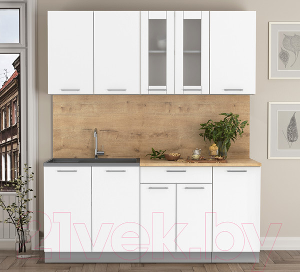 Изображение товара Кухонный гарнитур Интерлиния Мила 18 (белый платинум/белый платинум глянец/дуб бунратти)