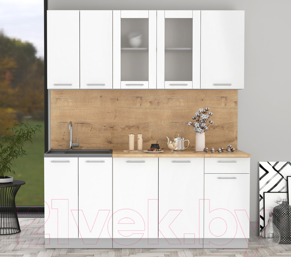 Изображение товара Кухонный гарнитур Интерлиния Мила 18-60 (белый платинум/белый платинум глянец/дуб бунратти)