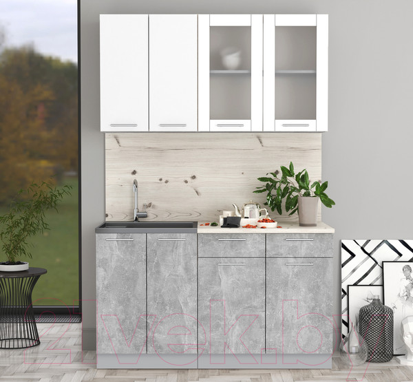 Изображение товара Кухонный гарнитур Интерлиния Мила 14-60 (бетон/белый платинум глянец/бискайская сосна)