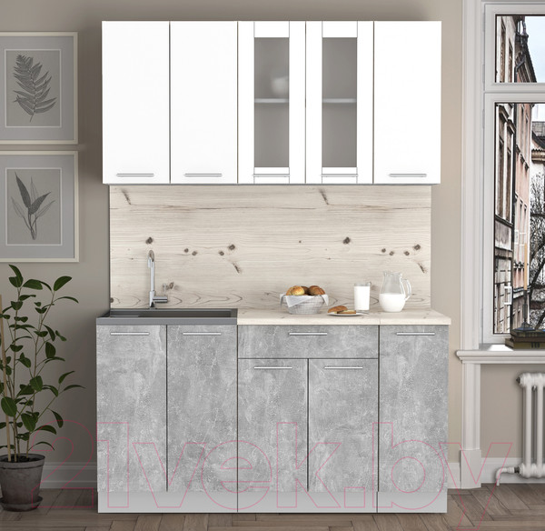 Изображение товара Кухонный гарнитур Интерлиния Мила 15 (бетон/белый платинум глянец/бискайская сосна)