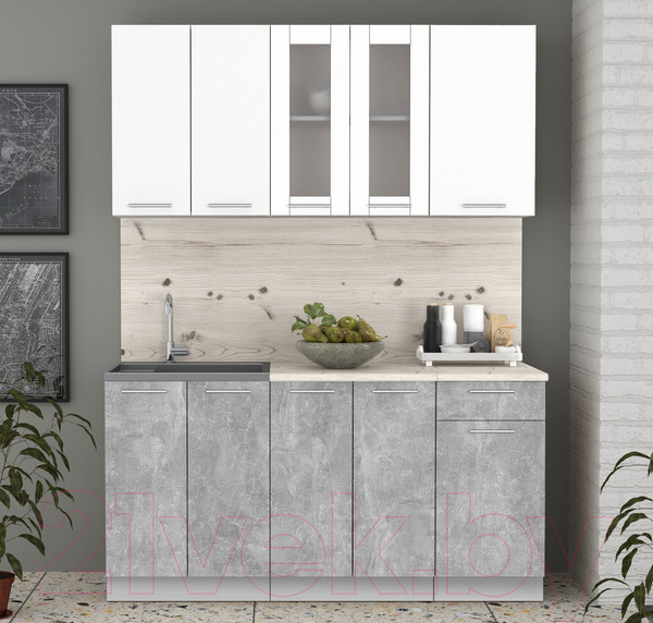 Изображение товара Кухонный гарнитур Интерлиния Мила 16-60 (бетон/белый платинум глянец/бискайская сосна)