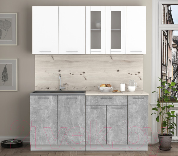 Изображение товара Кухонный гарнитур Интерлиния Мила 17 (бетон/белый платинум глянец/бискайская сосна)