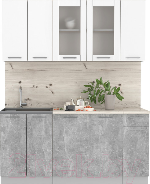 Изображение товара Кухонный гарнитур Интерлиния Мила 17-60 (бетон/белый платинум глянец/бискайская сосна)