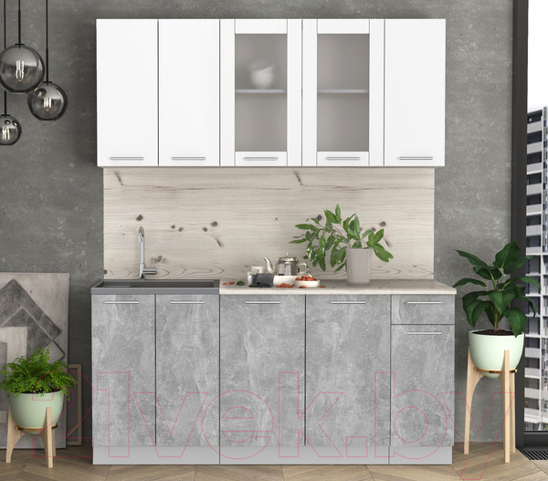 Изображение товара Кухонный гарнитур Интерлиния Мила 17-60 (бетон/белый платинум глянец/бискайская сосна)