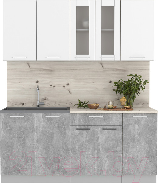 Изображение товара Кухонный гарнитур Интерлиния Мила 18 (бетон/белый платинум глянец/бискайская сосна)