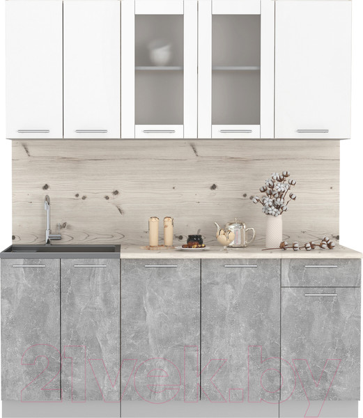 Изображение товара Кухонный гарнитур Интерлиния Мила 18-60 (бетон/белый платинум глянец/бискайская сосна)