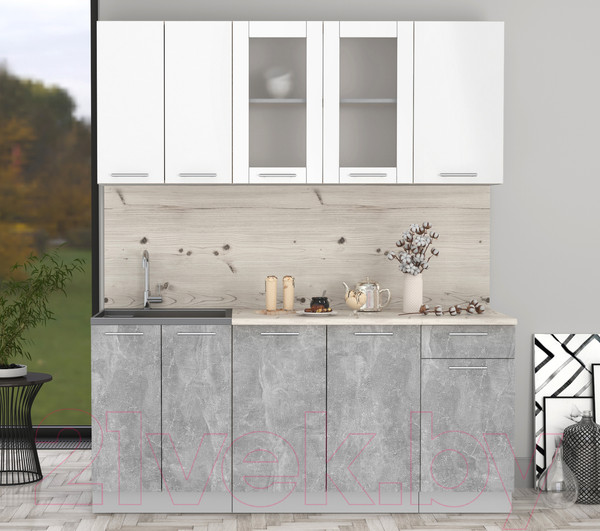 Изображение товара Кухонный гарнитур Интерлиния Мила 18-60 (бетон/белый платинум глянец/бискайская сосна)