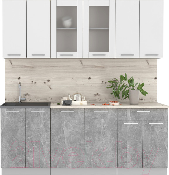 Изображение товара Кухонный гарнитур Интерлиния Мила 20-60 (бетон/белый платинум глянец/бискайская сосна)