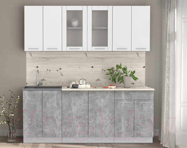 Изображение товара Кухонный гарнитур Интерлиния Мила 20-60 (бетон/белый платинум глянец/бискайская сосна)