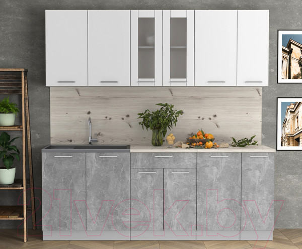 Изображение товара Кухонный гарнитур Интерлиния Мила 21 (бетон/белый платинум глянец/бискайская сосна)