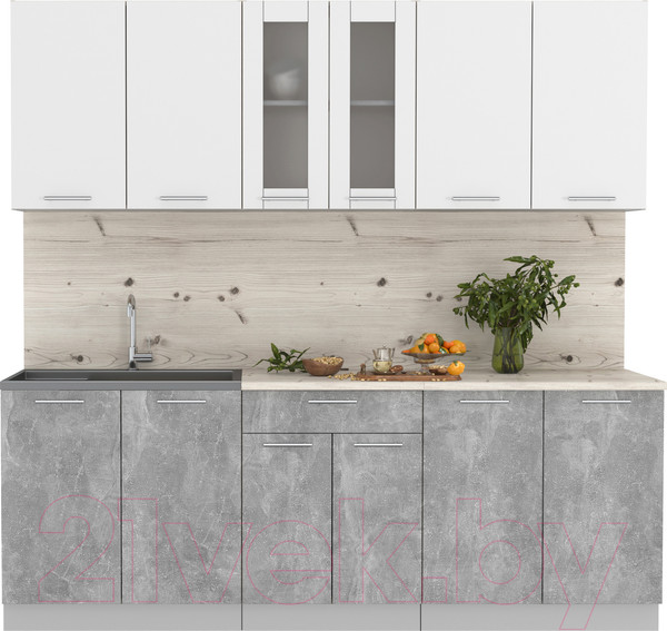 Изображение товара Кухонный гарнитур Интерлиния Мила 22 (бетон/белый платинум глянец/бискайская сосна)