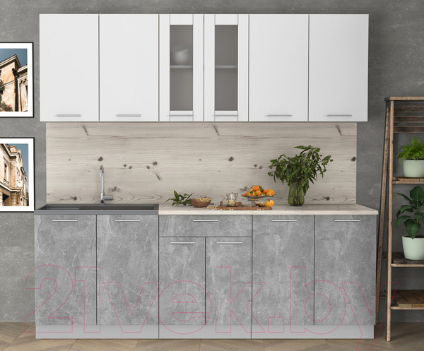 Изображение товара Кухонный гарнитур Интерлиния Мила 22 (бетон/белый платинум глянец/бискайская сосна)