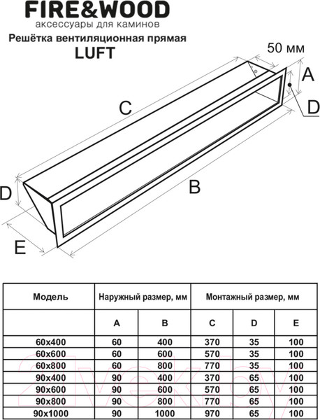 Изображение товара Решетка вентиляционная для камина Fire&Wood Luft 90x400 (черный)