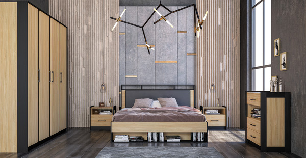 Изображение товара Двуспальная кровать Мебель-Неман Стенли МН-037-01 (дуб прованс/черный)