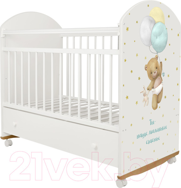 Изображение товара Детская кроватка INDIGO My Sleepy Мишка колесо-качалка и ящик (белый)