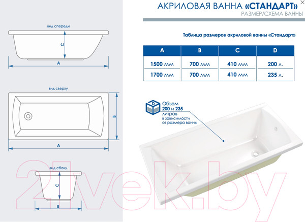 Изображение товара Ванна акриловая МетаКам Стандарт 150x70