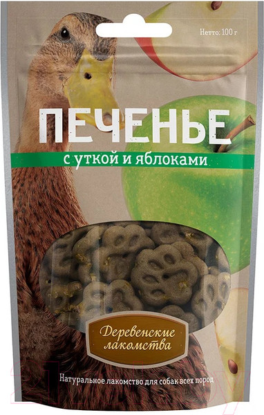Изображение товара Лакомство для собак Деревенские лакомства Печенье с уткой и яблоками (100г)