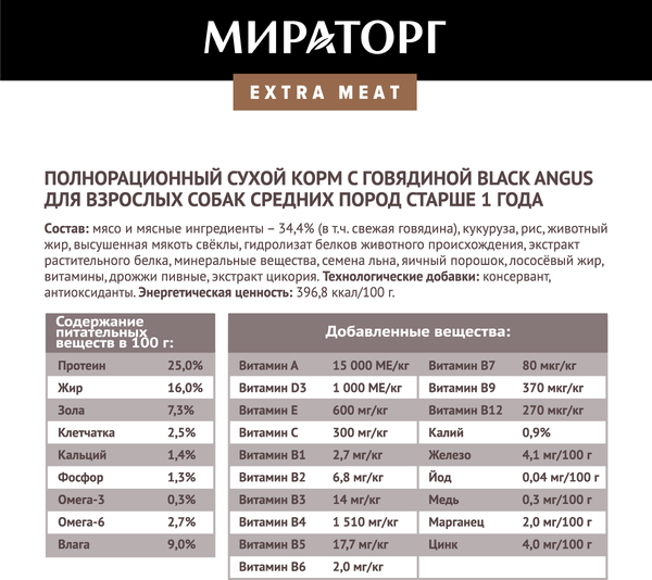 Изображение товара Сухой корм для собак Мираторг Extra Meat для взр. собак средних пород говядина / 1010024078 (2.6кг)