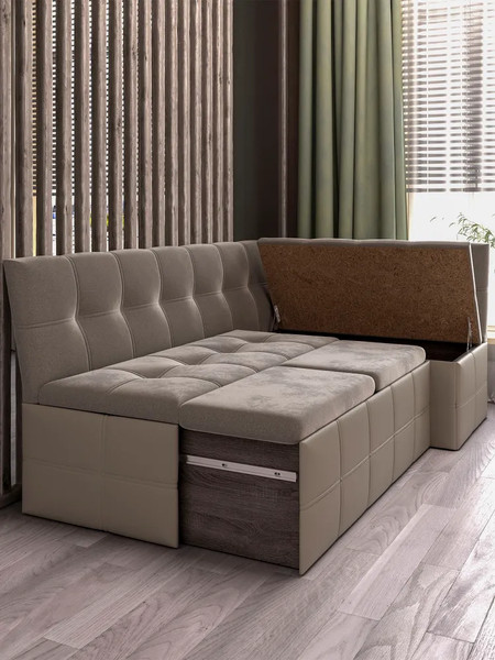 Изображение товара Уголок кухонный мягкий ТриЯ Домино исп.2 (кожзам светло-коричневый/велюр мокко светлый)