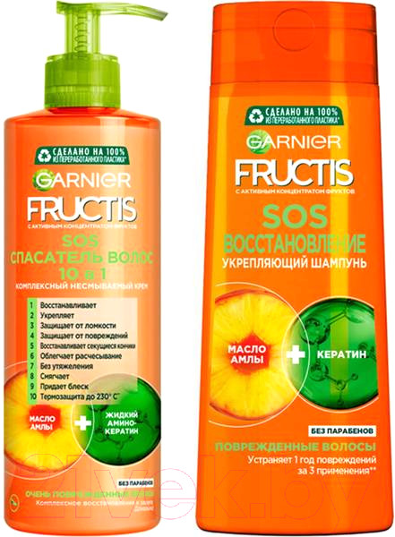 Изображение товара Набор косметики для волос Garnier Fructis SOS Крем для волос несмываемый 10в1+ Шампунь (400мл+400мл)