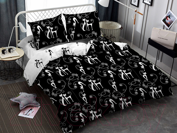 Изображение товара Комплект постельного белья Amore Mio Мако-сатин Cats Микрофибра Евро / 93074 (черный/белый)