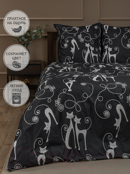 Изображение товара Комплект постельного белья Amore Mio Мако-сатин Cats Микрофибра Евро / 93074 (черный/белый)