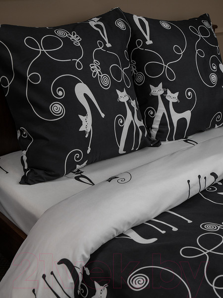 Изображение товара Комплект постельного белья Amore Mio Мако-сатин Cats Микрофибра Евро / 93074 (черный/белый)