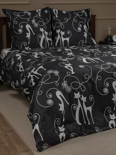 Изображение товара Комплект постельного белья Amore Mio Мако-сатин Cats Микрофибра Евро / 93074 (черный/белый)