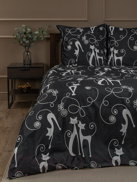 Изображение товара Комплект постельного белья Amore Mio Мако-сатин Cats Микрофибра Евро / 93074 (черный/белый)