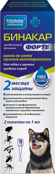 Изображение товара Капли от блох Pchelodar Бинакар Форте от эктопаразитов для собак/щенков средних пород (2 пипетки)