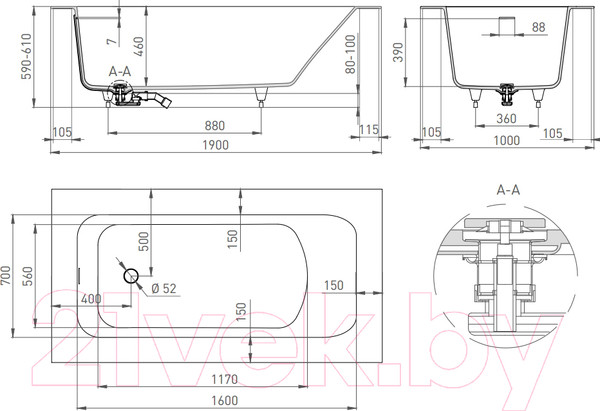 Изображение товара Ванна из искусственного мрамора Salini Orlando Vasta Kit 190x100 / 102114G