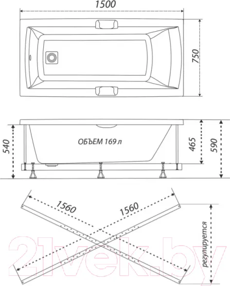 Изображение товара Ванна акриловая Triton Алекса 170x75 Комфорт (с гидромассажем)