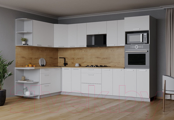 Изображение товара Кухонный гарнитур Interline Мила Лайт 1.68x3.0 левая без столешницы (белый платинум/белый платинум)