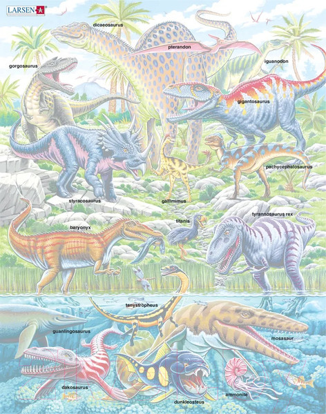 Изображение товара Пазл LARSEN Летающие, прыгающие и ныряющие динозавры FH49