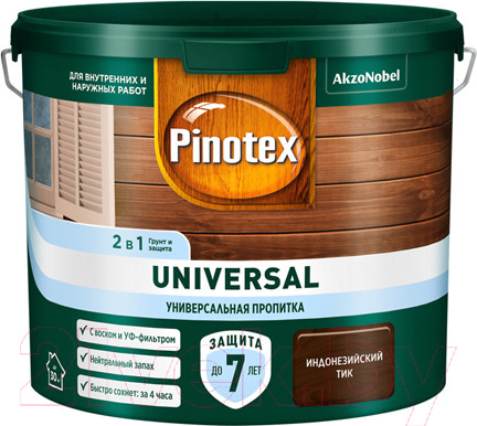 Изображение товара Пропитка для дерева Pinotex Universal 2в1 (9л, индонезийский тик)