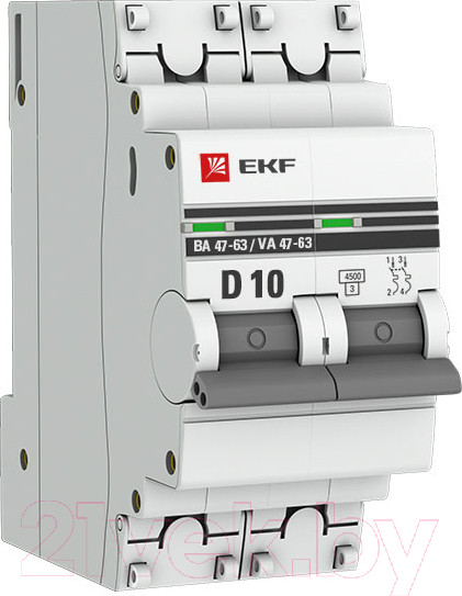 Изображение товара Выключатель автоматический EKF ВА 47-63 2P 10А (D) PROxima / mcb4763-2-10D-pro