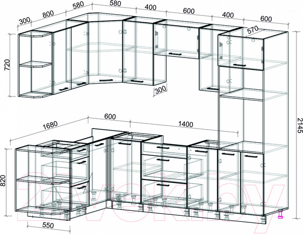 Изображение товара Кухонный гарнитур Интерлиния Мила Лайт 1.68x2.6 левая без столешницы (серебристый/дуб золотой)