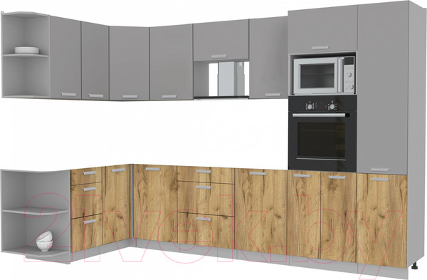 Изображение товара Кухонный гарнитур Интерлиния Мила Лайт 1.68x3.2 левая без столешницы (серебристый/дуб золотой)