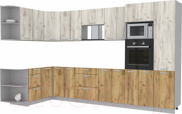 Изображение товара Кухонный гарнитур Интерлиния Мила Лайт 1.68x3.4 левая без столешницы (дуб белый/дуб золотой)