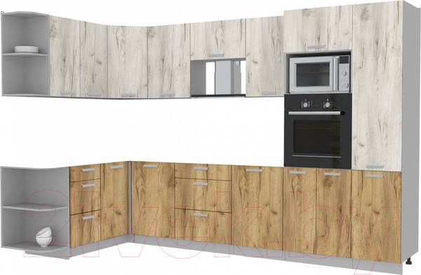 Изображение товара Кухонный гарнитур Интерлиния Мила Лайт 1.68x3.2 левая без столешницы (дуб белый/дуб золотой)