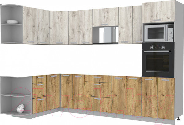 Изображение товара Кухонный гарнитур Интерлиния Мила Лайт 1.68x3.0 левая без столешницы (дуб белый/дуб золотой)