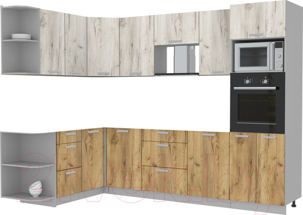 Изображение товара Кухонный гарнитур Интерлиния Мила Лайт 1.68x2.8 левая без столешницы (дуб белый/дуб золотой)