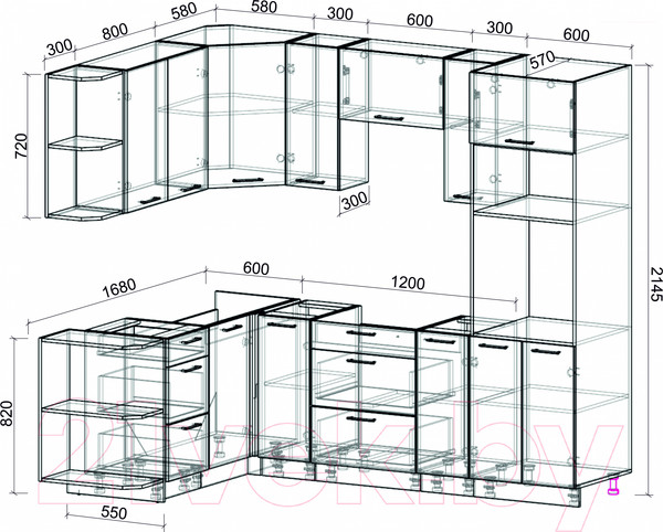 Изображение товара Кухонный гарнитур Интерлиния Мила Лайт 1.68x2.4 левая без столешницы (дуб белый/дуб золотой)